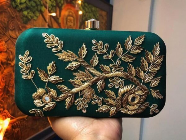 Customized embroidered bottle green silk clutch
