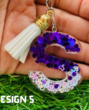 BLue S Glitter Resin Initial Letter A-Z Keychain with Tassel