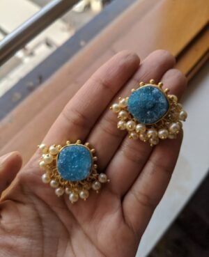 buy sky blue studs with moti hanging for daily wear