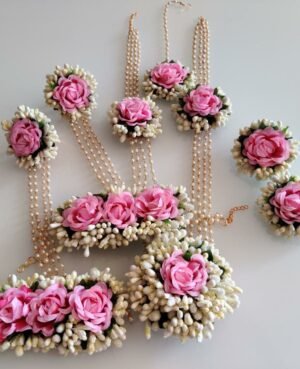 Pink flower jewellery set for haldi for bridal