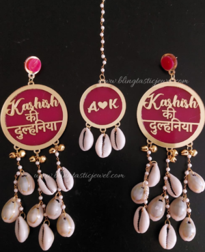 customised shell dulhnia earrings with shell mangtikka