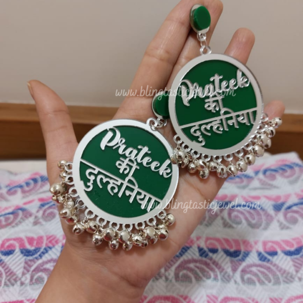 customized green dulhniya earring with silver coating