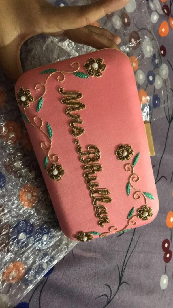 Customized name embroidered peach silk clutch
