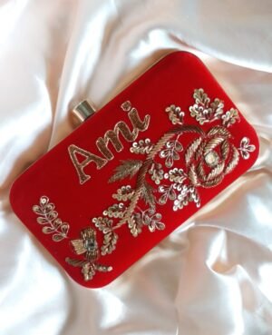 Customized red embroidery name clutch