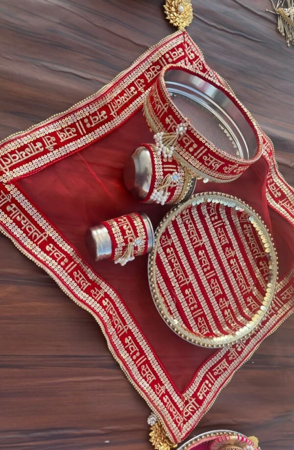 Red Karva Chauth Bhaav Thali Combo Set in Sada Saubhagwati Bhava Lace